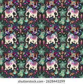Seamless pattern for children's bedding with cute cartoon elephants, peacocks, monkeys and fairy tale dinos surrounded by palm trees, flowers and decorative paisley on a black background.