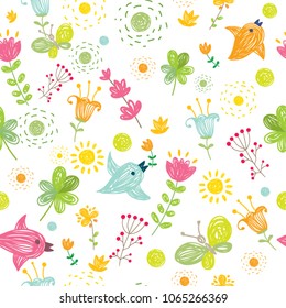 Seamless pattern. Children's pattern. Pattern with birds and flowers.
