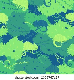 Seamless pattern of children's camouflage with chameleons on tree branches. Chameleon hunts beetles. Pattern for clothes and accessories of a boy. Flat vector illustration.