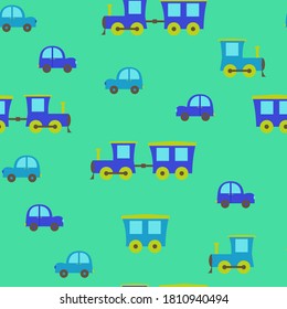 A seamless pattern with children's car and a steam locomotive on a green background. Vector illustration. For decoration textile, packaging, wallpaper.