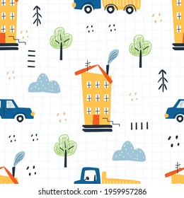 Seamless pattern with children's city print on a white checkered background. Vector illustration for printing on fabric, packaging paper, clothing. Cute baby background for boys