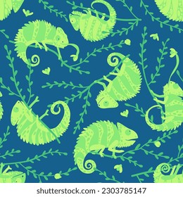 Seamless pattern for children's clothing with chameleons on the branches. Chameleon hunts beetles. Pattern of clothes and accessories for a boy. Flat vector illustration.