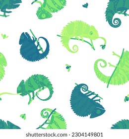 Seamless pattern for children's clothing with chameleons on a white background. Chameleon hunts beetles. Pattern of clothes and accessories for the boy. Flat vector illustration.