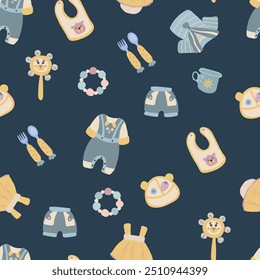 Seamless pattern with children's clothing, toys and dishes. Design for fabric, textiles, wallpaper, packaging.