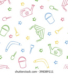 Seamless pattern children's color crayon drawings on white background. Hand-drawn style.Seamless vector wallpaper with the image of kite flying, head, boomerang, star, bucket, shovel, rake