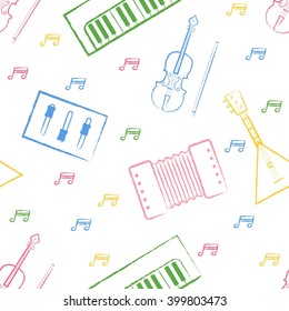 Seamless pattern children's color felt-tip pen drawings on white background Hand-drawn style. Seamless vector wallpaper with the image of musical instruments  piano, balalaika, mixer, violin bow, note