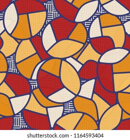 Seamless pattern. Children's colored pattern consisting of sloppy broken ovals against the background of rows of striped squares.