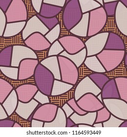 Seamless pattern. Children's colored pattern consisting of sloppy broken ovals against the background of rows of striped squares.