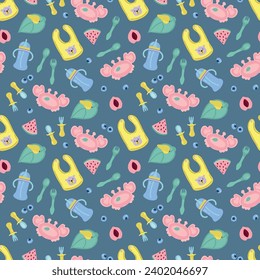Patrón sin foco con platos para niños. Diseño para tela, textiles, papel pintado, embalaje.