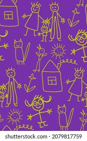 Patrón sin foco con los garabatos de los niños. Casa. Padres, niñita. gato, caballo, pájaro, barco, flor, gaviota, sol. Paleta de colores limitada.  Se puede usar para el diseño textil, el papel envolvente.