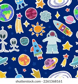 Seamless pattern. Children's drawing. Astronaut, planets, stars on a dark blue background