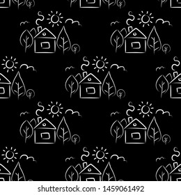 Seamless pattern of children's drawing. House, sun, clouds, trees. Line drawing. Drawn by a child. Suitable for children's room decoration, fabric, decor. Doodle style.