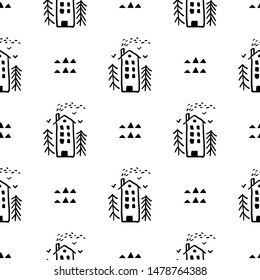 Seamless pattern of children's drawing. House, sun, clouds, trees. Line drawing. Drawn by a child. Suitable for children's room decoration, fabric, decor. Doodle style.