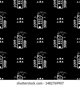 Seamless pattern of children's drawing. House, sun, clouds, trees. Line drawing. Drawn by a child. Suitable for children's room decoration, fabric, decor. Doodle style.