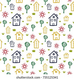 Seamless pattern of children's drawing. Children's picture on a white background.