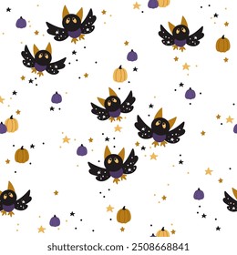 Seamless pattern with children's drawings of bats and pumpkins. Print on fabric. Vector illustration