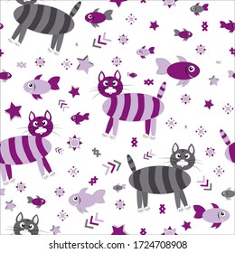 Seamless pattern of children's drawings with cats and fish in purple and gray shades.