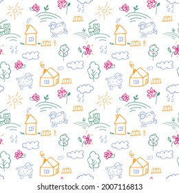 Seamless pattern with children's drawings, doodle with colored pencils. Colorful children's drawings with houses, clouds and sheep. Printing on fabric, packaging paper.