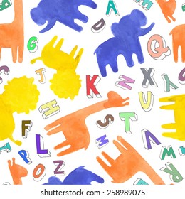 seamless pattern with children's drawings pencil and animals and letters