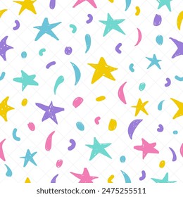 A seamless pattern of children's drawings, vector features a charming, naive texture that's perfect for youthful backgrounds. Hand-drawn cartoon scribbles, stars, and moon populate the pattern