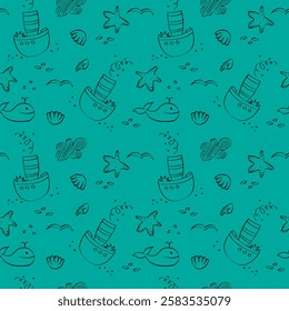 seamless pattern of children's elements on a marine theme, hand-drawn