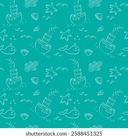 seamless pattern of children's elements on a marine theme, hand-drawn