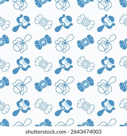 Padrão perfeito com elementos infantis. Rattle e arco em azul. Fundo branco
