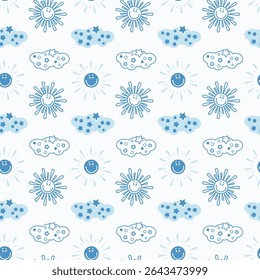 Seamless pattern with children's elements. Sun and cloud in blue. White background