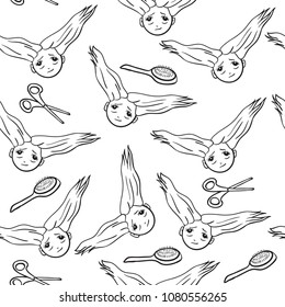 Seamless pattern with with a children's face, scissors and comb. Black and white linear vector for design textile, fabric, hair salon, barbershop