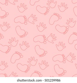 Seamless pattern with children's footprints and handprints. Background for gift wrapping. Decoration fabric. Wallpaper design. Stylish beautiful baby seamless pattern. Vector