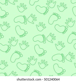 Seamless pattern with children's footprints and handprints. Background for gift wrapping. Decoration fabric. Wallpaper design. Stylish beautiful baby seamless pattern. Vector