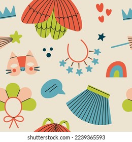 Seamless pattern with children's handmade costumes - bird, fairy, princess, butterfly, cat etc. Games, fun, theater and Halloween concept. Hand drawn vector illustration. Cute style.