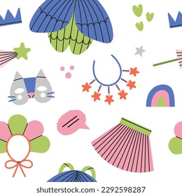 Seamless pattern with children's handmade costumes - bird, fairy, princess, butterfly, cat etc. Games, fun, theater and Halloween concept. Hand drawn vector illustration. Cute style.