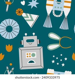 Seamless pattern with children's handmade costumes - robot, clown, astronaut etc. Games, fun, theater and Halloween concept. Hand drawn vector illustration. Cute style.