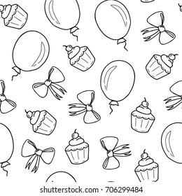 Seamless pattern for a children's holiday. Bow, balloon and cupcake on a white background. Hand drawing. Vector illustration.