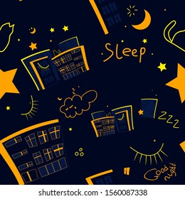 seamless pattern children's illustration of a sleeping city on a blue background with houses, windows, doors, shop windows, eyelashes, the moon, stars, a cat on the roof