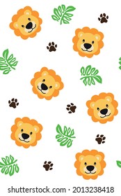 Seamless pattern for childrens with lion, leaf and footsteps on white background