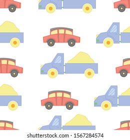 Seamless pattern with children`s multicolored toy cars in cartoon style.
