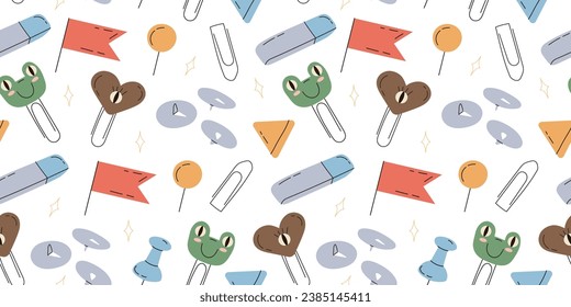 Seamless pattern with childrens paper clips on a white background. paper clip frog. Pattern for wrapping paper print on fabric. Vector stock illustration in hand drawn style.