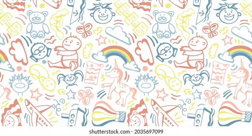 A seamless pattern with children's pipes drawn by hand in delicate pastel colors. Children, Toddlers, Newborns, Rainbow, Balloon, Unicorn, Plane, Ship, Star, Clouds