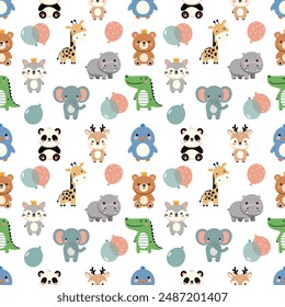 Seamless pattern for children's printing with cute animals and balloons