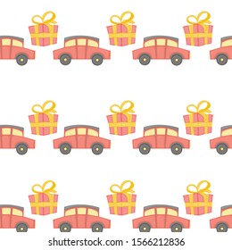 Seamless pattern with children`s red toy cars in cartoon style.