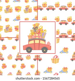 Seamless pattern with children`s red toy cars in cartoon style.