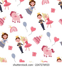 Nahtlose Muster für Kinderzimmer. Prinzessinnen, Prinzen, Regenbogen und Einhörnchen. Design für Gewebe, Textilien, Tapeten, Verpackungen, Kindergarten.	
