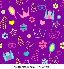 seamless pattern with children's shoes, a pyramid, a teddy bear, a crown for a princess castle, mirror, heart, diamond, toy purple background vector illustration