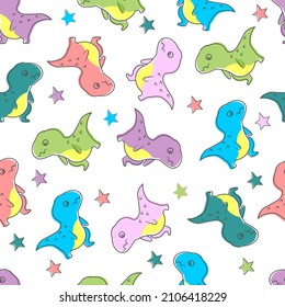 Seamless pattern in a children's style and bright colors for printing on wallpaper in a children room, fabric for bedding, gift wrapping and packaging. Vector illustration with funny cute dinosaurs.