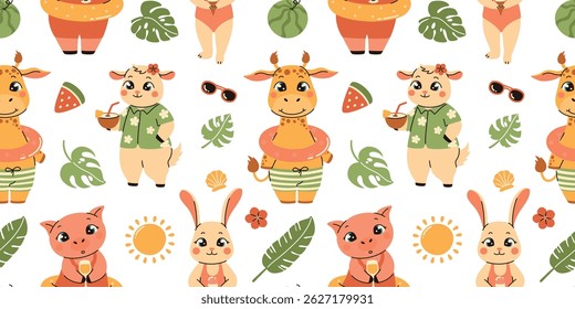 Seamless pattern in children's style. Cartoon animals in swimsuits. Giraffe, hare, duck on a surfboard, pig, goat, cat. Flat vector illustration.