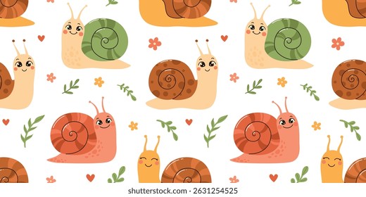 Seamless pattern in children's style. Cute cartoon snails. Flat vector illustration.
