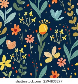 Seamless pattern in children's style with flowers and butterflies. Hand drawn. Wildflowers. Various elements on a blue background. For the design of children's rooms, fabric, wallpaper and more.