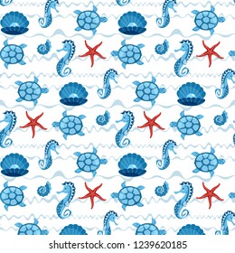 seamless pattern in children's style with sea creatures. In blue colors.